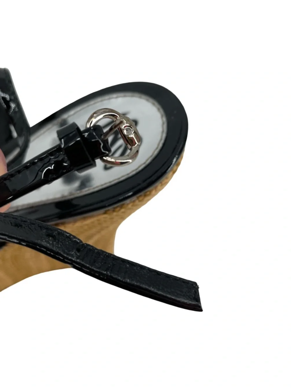 Gucci Black Patent Leather Raffia Wedges Sandals Size 41 BLACK Excellent - Picture 7 of 14